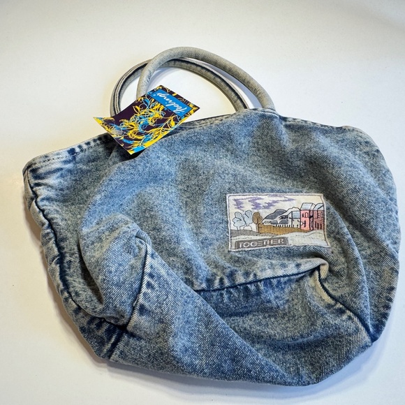 Vintage 80s denim purse, NWT acid-washed denim, Together / Feelings, spot stains - Picture 2 of 9